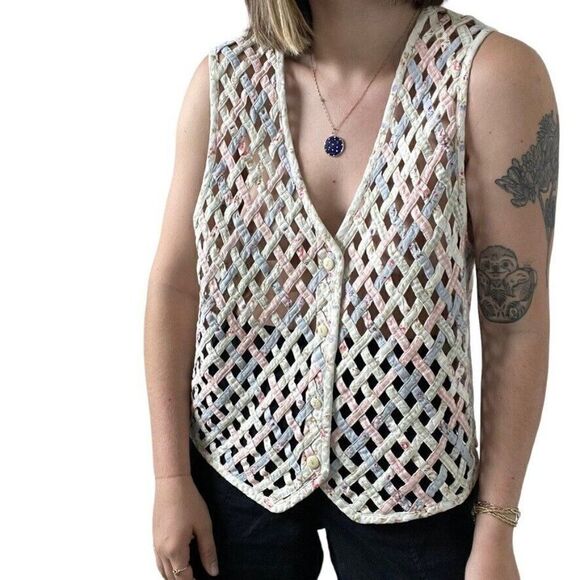 Vintage 1990s Womens Floral Lattice Preppy Grandmacore Vest Waistcoat Sz XL - Picture 1 of 6